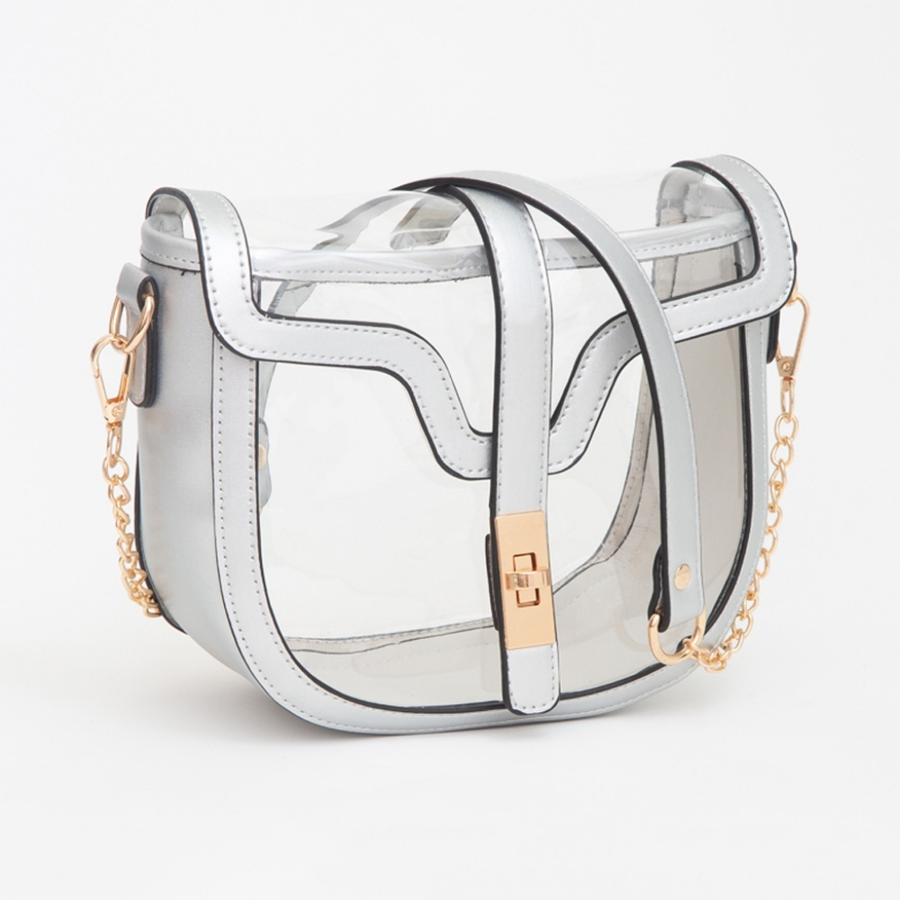 Silver Transparent Clear Saddle Bag Purse Shoulder Casual See Through